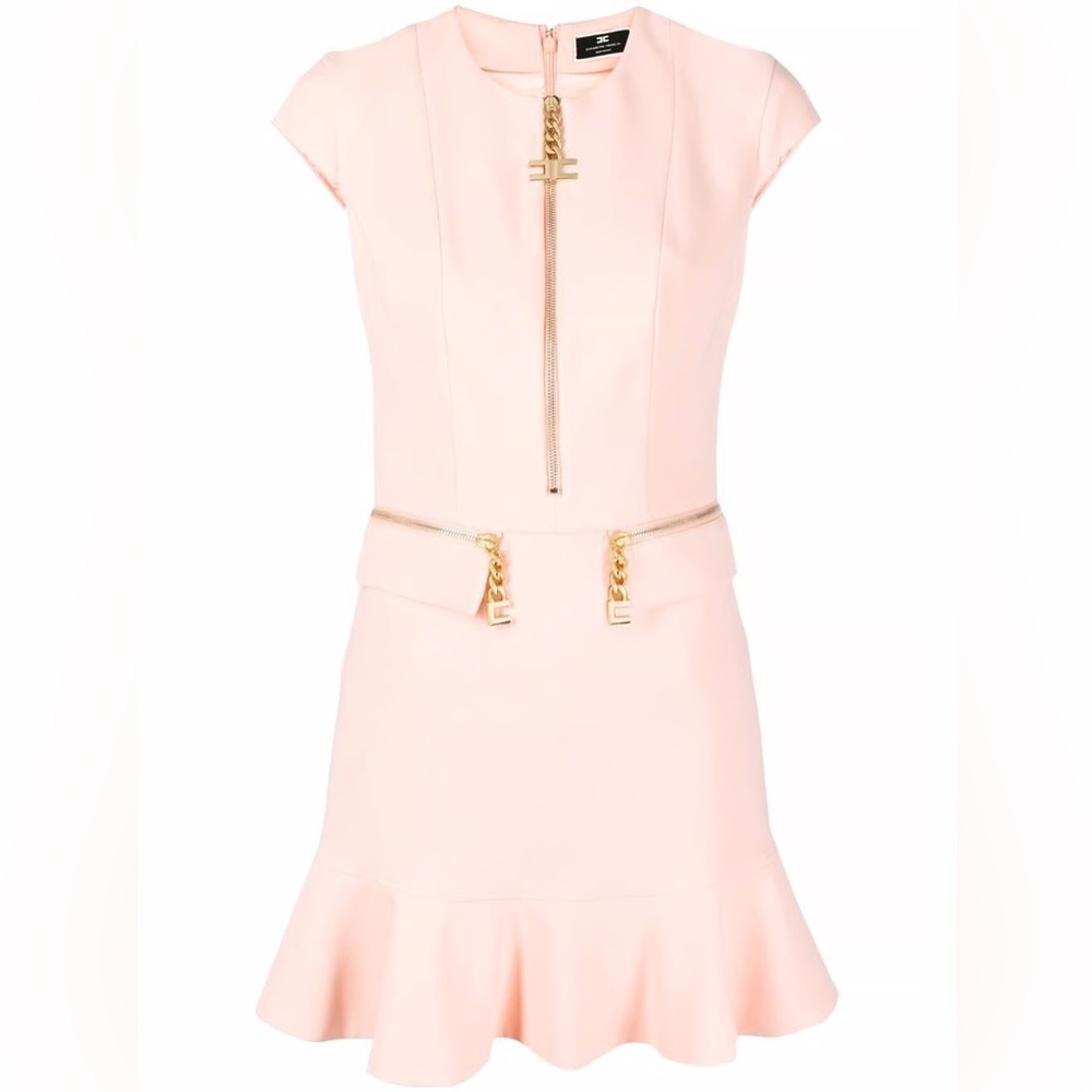 Elisabetta Franchi Pink Chain Detail Zip Front Peplum Mini Dress